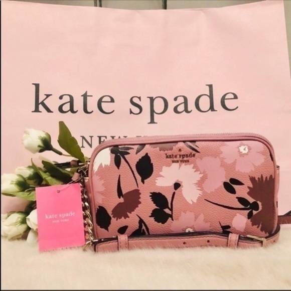 Kate Spade Floral Pebbled Leather Crossbody Bag Pink Zip Center Divider NWT